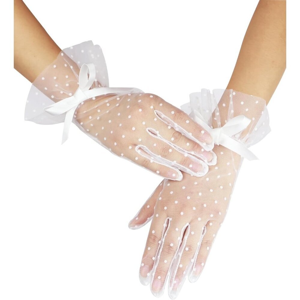 Women's Evening White Bow Short Lace Gloves Ruffles Wedding Party Accessories